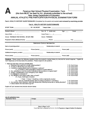 Paramus High School Physical Examination Form