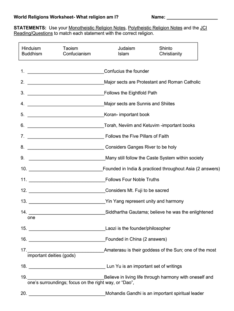 World Religions Worksheet PDF Answers  Form
