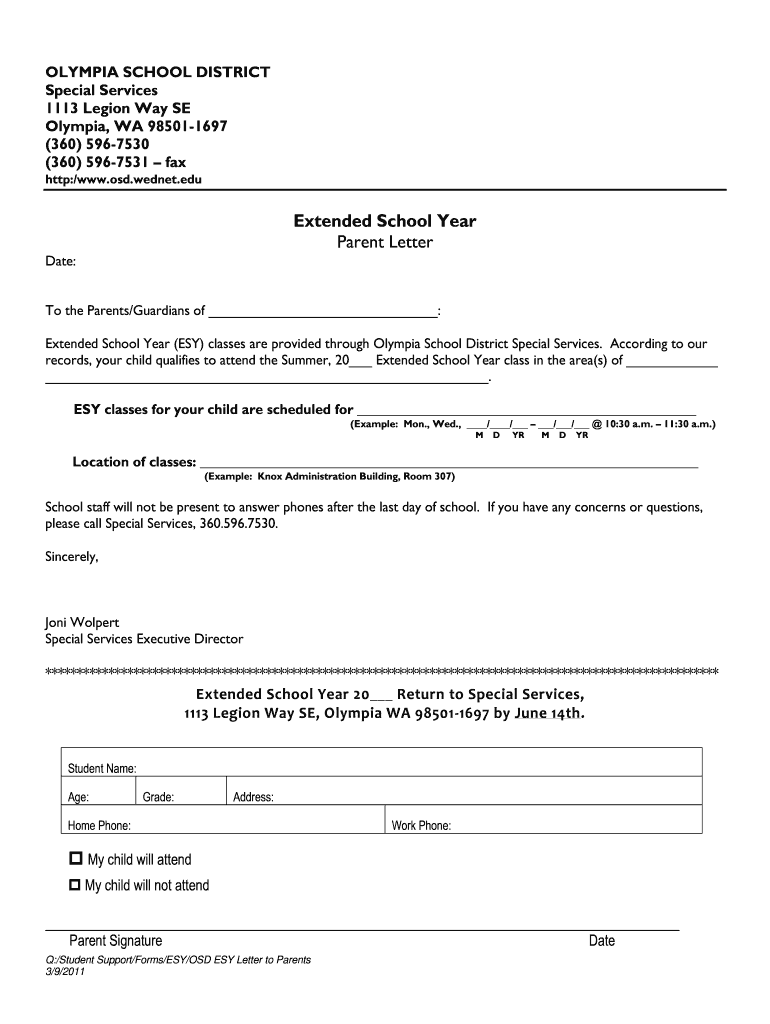Extended School Year Parent Letter Olympia School District  Form