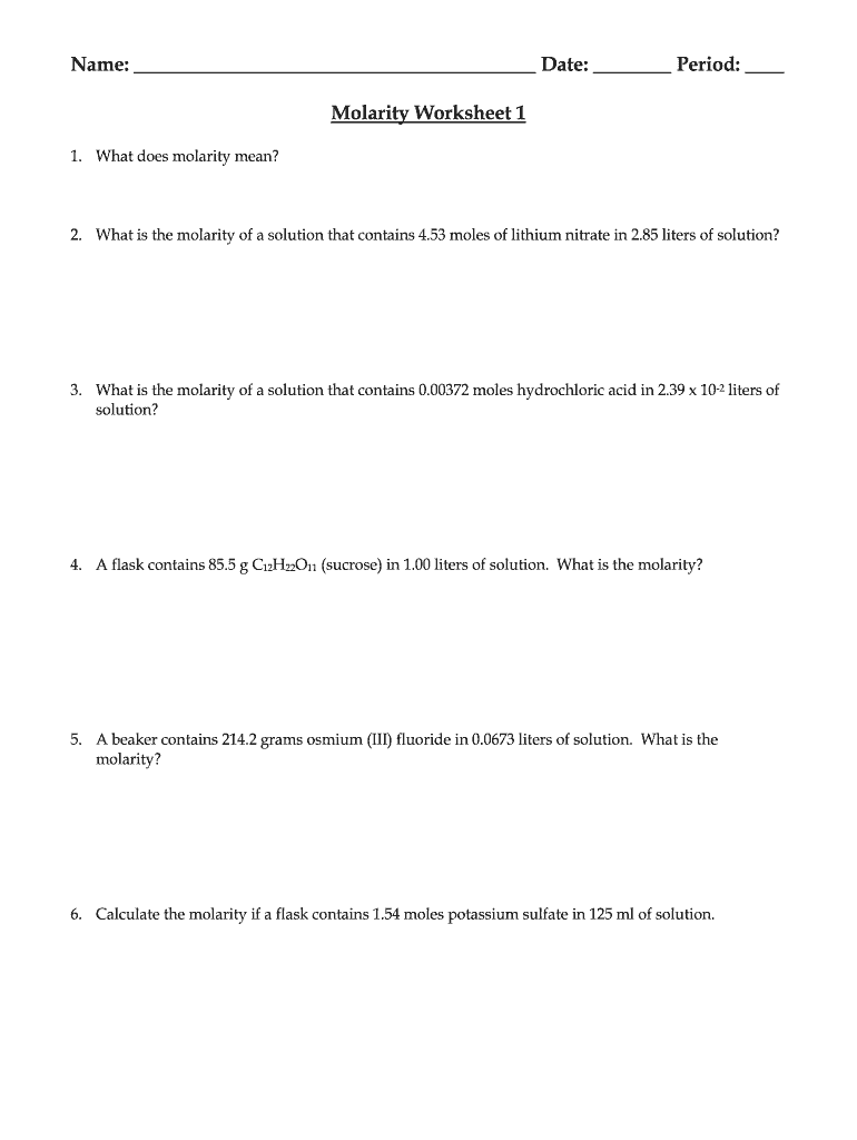 Molarity Worksheet  Form