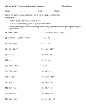 Algebra 2 Factoring Polynomials Worksheet  Form