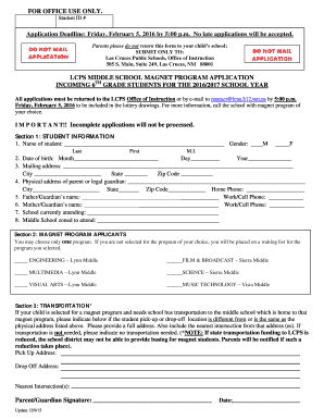 LCPS MIDDLE SCHOOL MAGNET PROGRAM APPLICATION INCOMING 6TH  Form