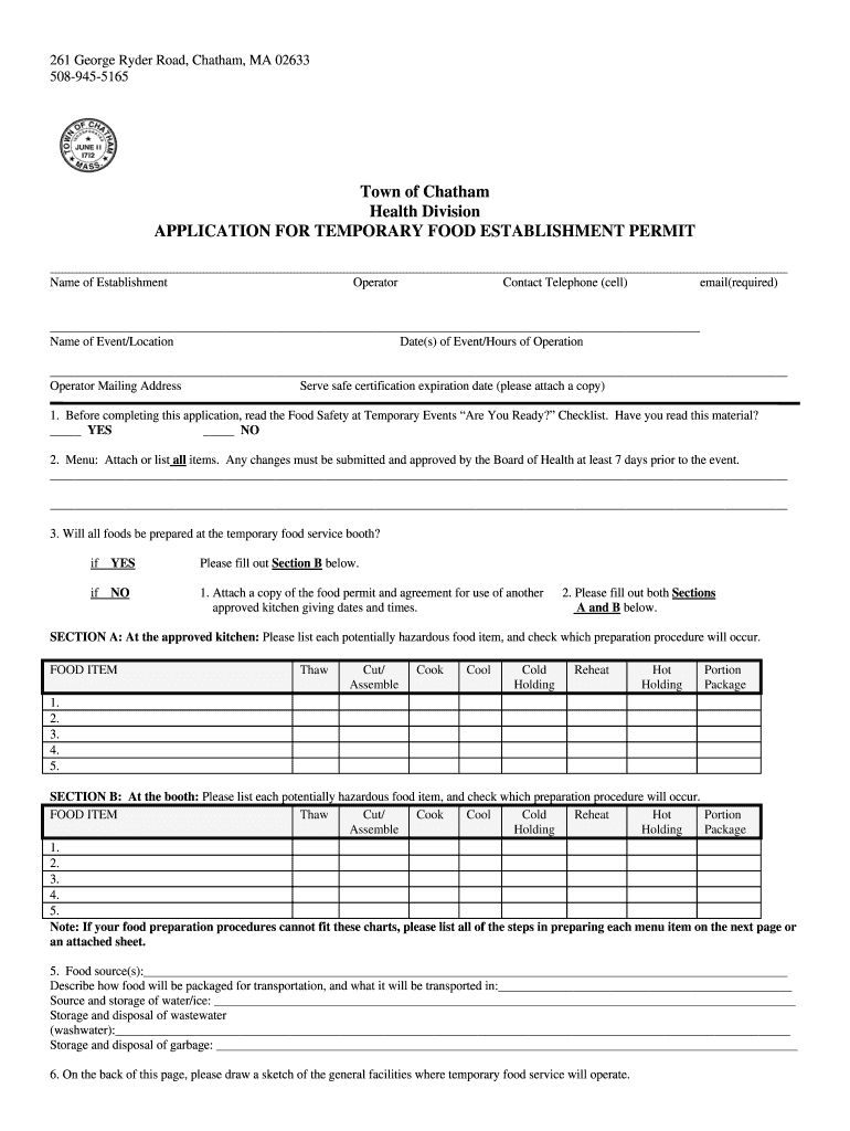 Temporary Food Service Application Townchathammaus Town Chatham Ma  Form