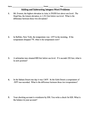 Name Period Date Adding and Subtracting Integers Word Problems Moodle Baylorschool  Form