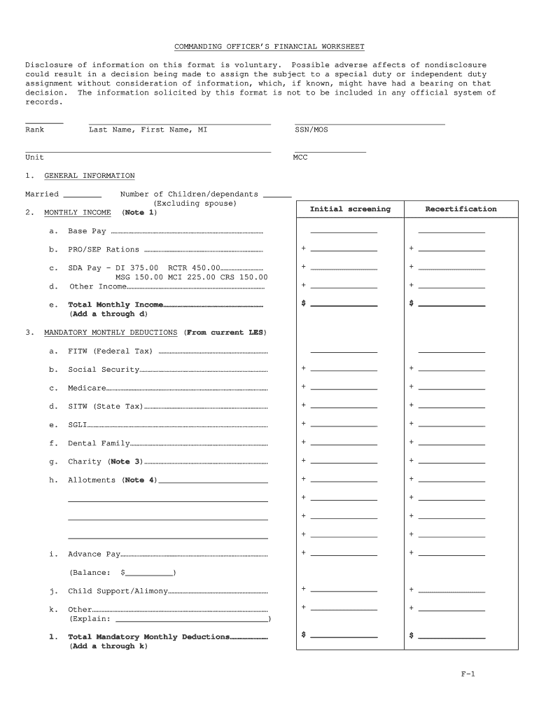 COMMANDING OFFICERS FINANCIAL WORKSHEET  Logcom Marines  Form