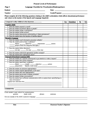 Present Levels of Performance Checklist