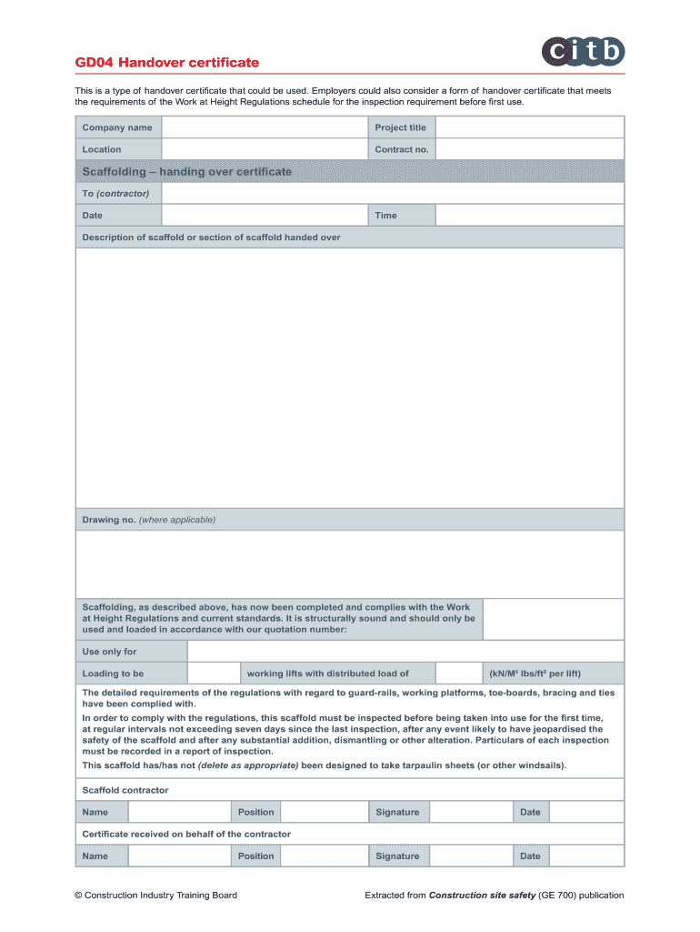 GD04 Handover Certificate CITB  Form