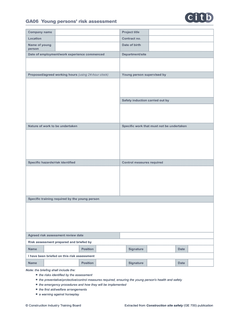 Young Persons Risk Assessment  Form