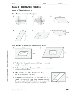 Lesson 1 Homework Practice Area of Parallelograms Answer Key  Form