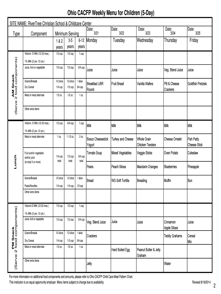 Cacfp Menu Template  Form