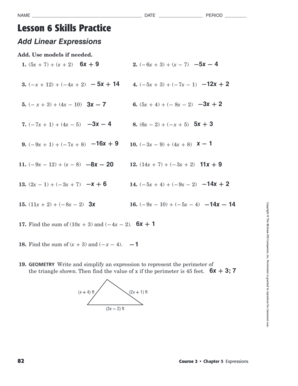 Lesson 6 Extra Practice Add Linear Expressions Answer Key  Form