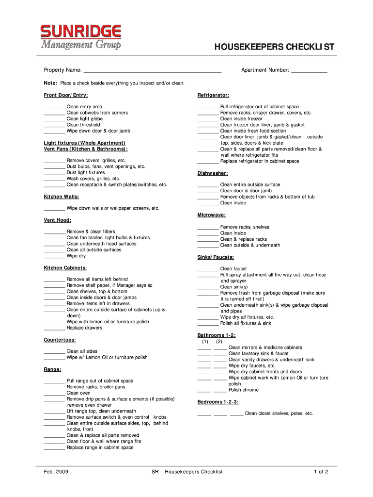 Housekeepers Checklist Template from www.signnow.com