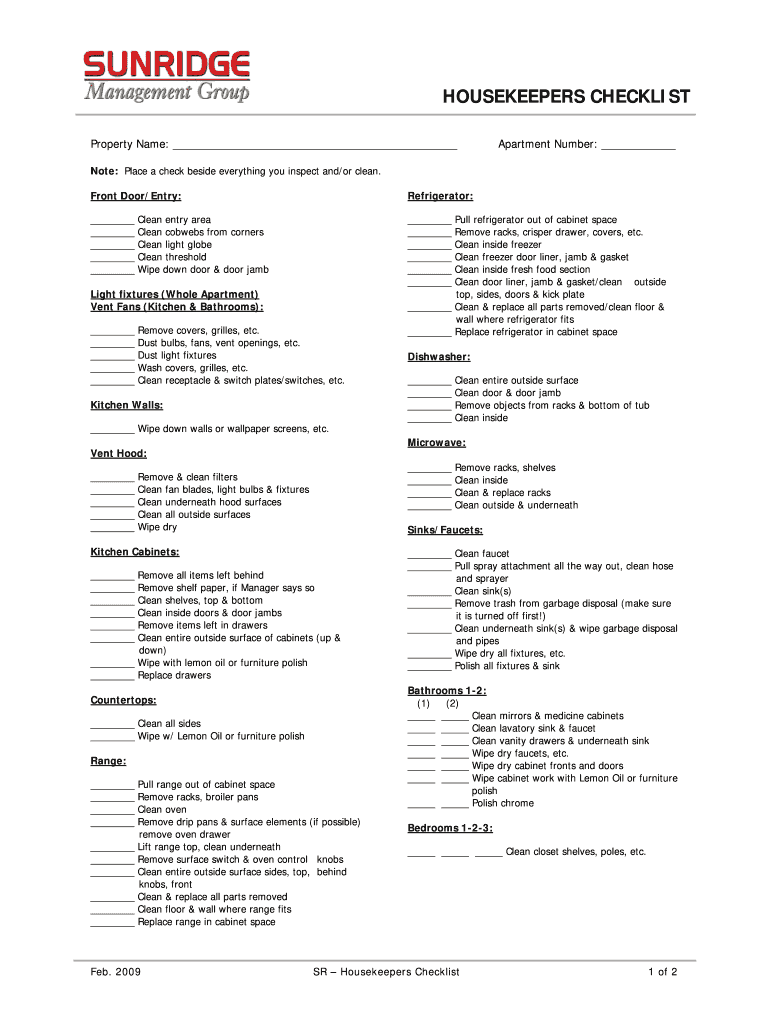 Housekeepers Checklist  Form