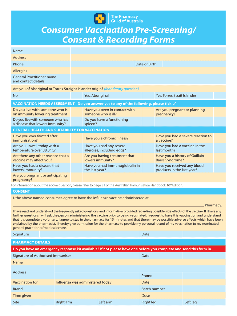  Consumer Vaccination Pre Screening Consent Recording Form 2014