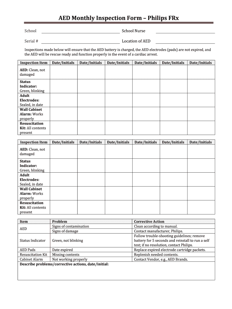 Aed Monthly Inspection Log Fill Out and Sign Printable PDF Template