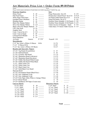 Art Materials Price List  Form