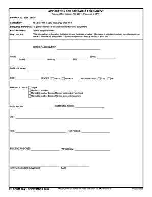 Fort Hood Form 7041 Application for Barraks Assignment Hood Army