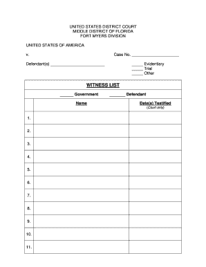 WITNESS LIST United States Courts Flmd Uscourts  Form