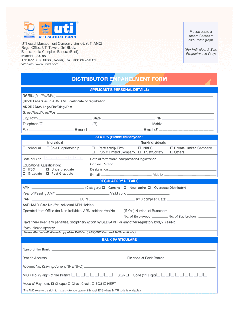 Uti Mutual Fund Online Empanelment  Form