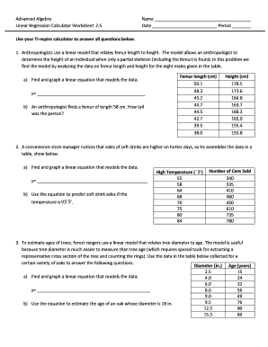 Advanced Algebra Linear Regression Calculator Worksheet 2 5  Form
