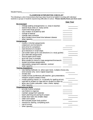 Student Name CLASSROOM INTERVENTION CHECKLIST the  Form
