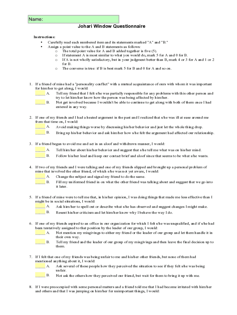 Johari Window Test  Form