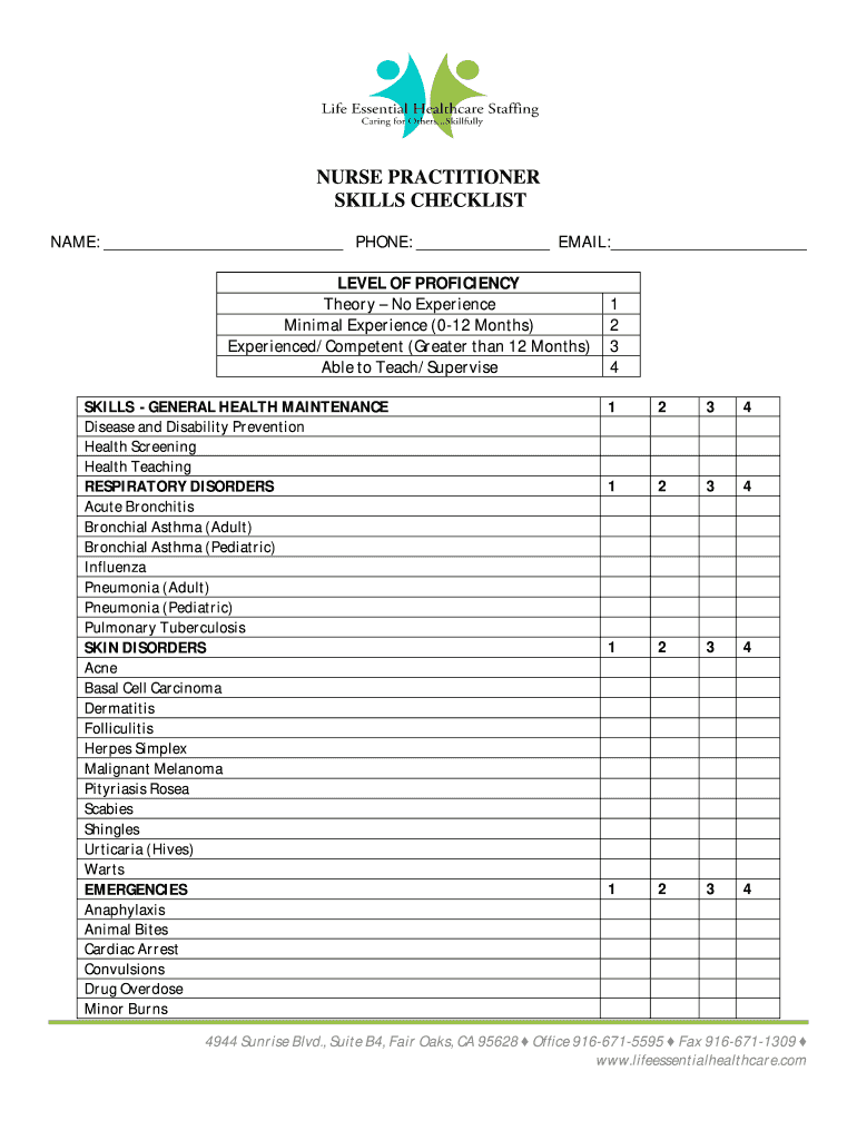 NURSE PRACTITIONER SKILLS CHECKLIST  Form