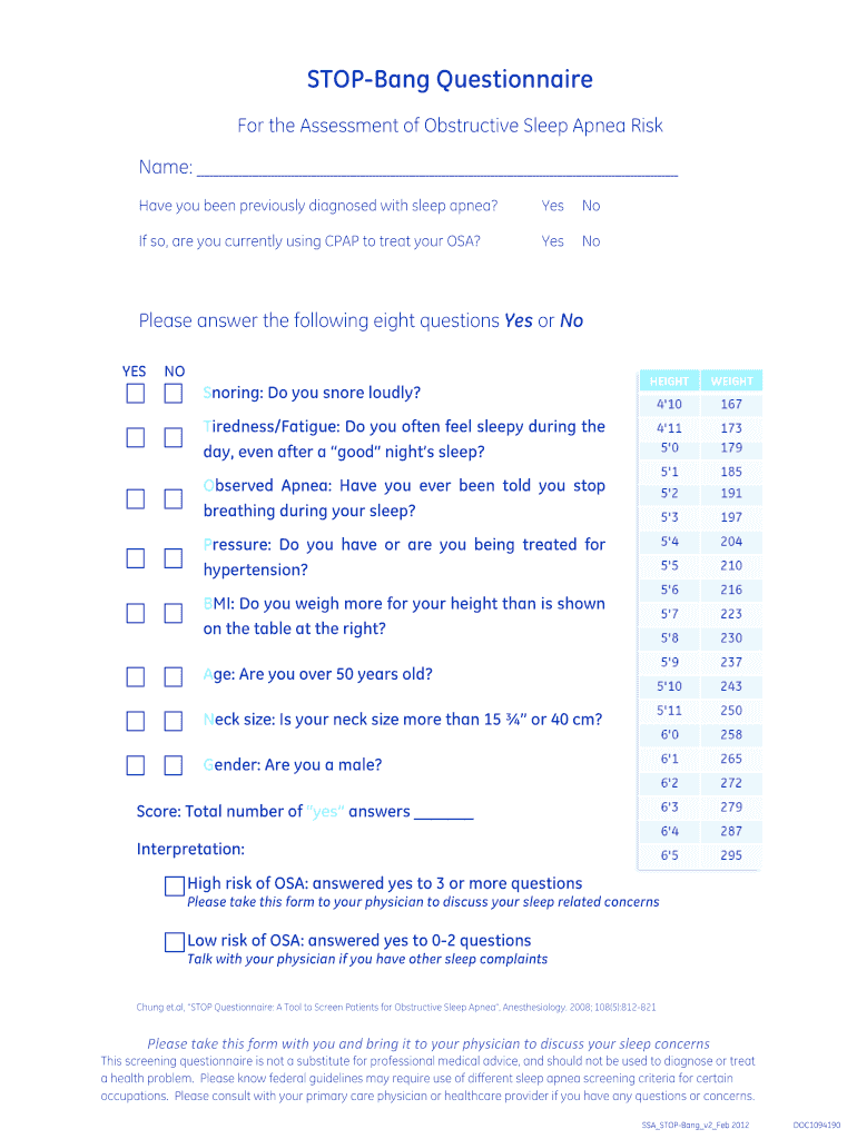 STOP Bang Questionnaire Bge Healthaheadcomb  Form