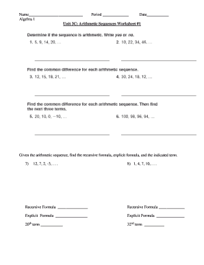 Arithmetic Sequence Worksheet with Answers PDF  Form