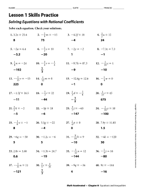Lesson 3 Skills Practice Solve Equations with Rational Coefficients Answer Key  Form