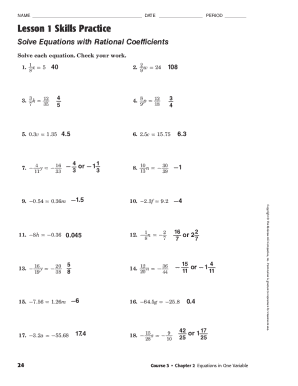 Lesson 3 Skills Practice Solve Equations with Rational Coefficients Answer Key  Form