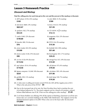 Lesson 5 Homework Practice Discount and Markup  Form