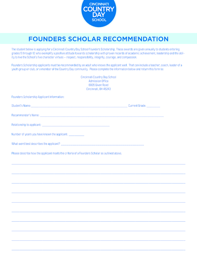 Founders Scholar Recommendation Cincinnati Country Day  Form