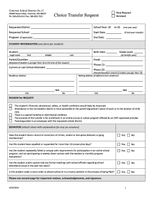 Choice Transfer Request Concrete School District Concrete K12 Wa  Form