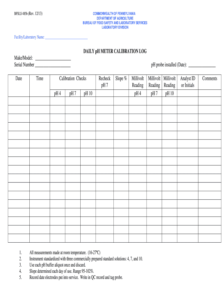 Ph Meter Calibration Log  Form