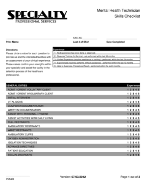 Mental Health Technician Skills Checklist  Form