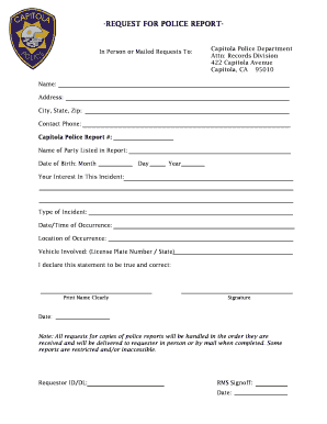 REQUEST for POLICE REPORT Capitola California  Form