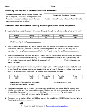 Calculating Your Paycheck Piecework Production 1 Answer Key  Form