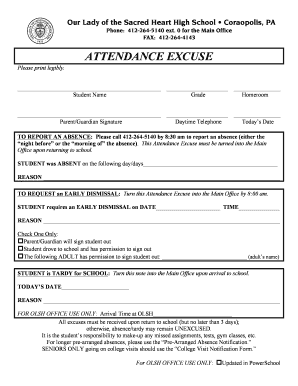 Sacred Heart Excuse Form