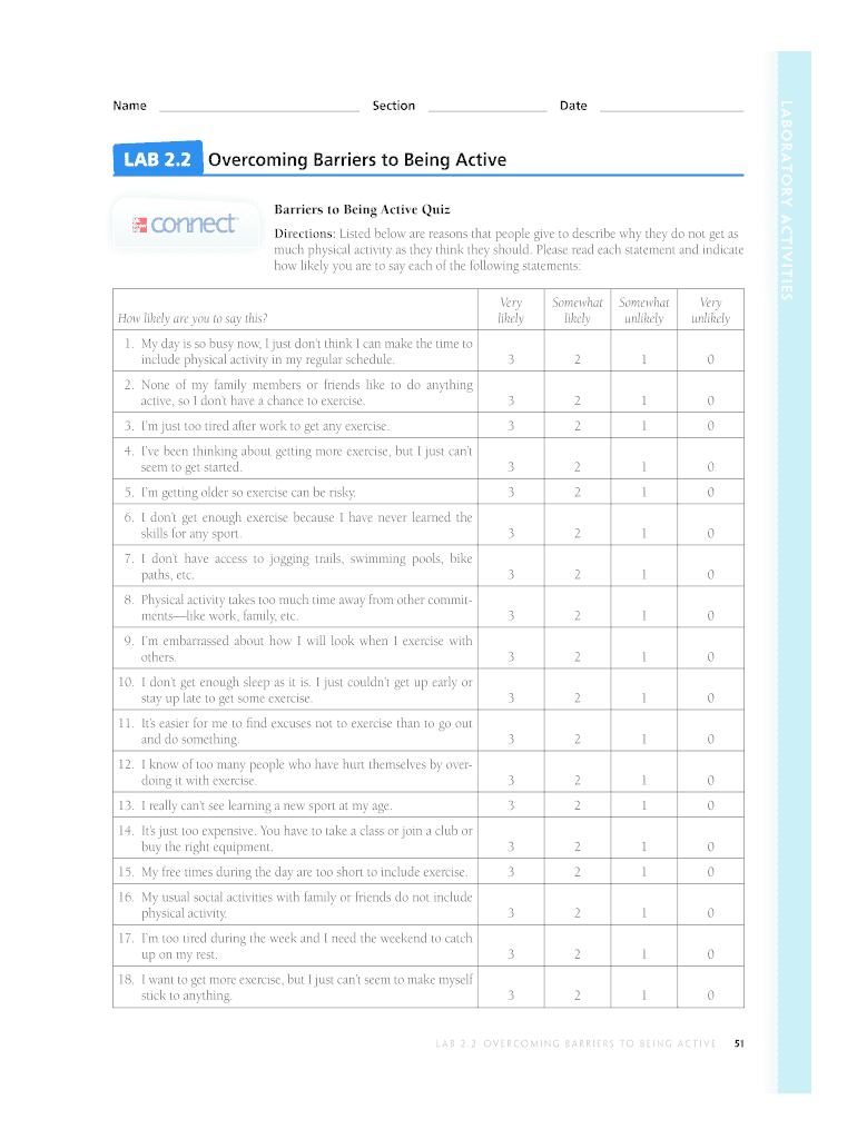 Lab 2 2 Overcoming Barriers to Being Active PDF  Form