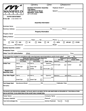 Backflow Prevention Assembly Replaces Serial Test Report  Form