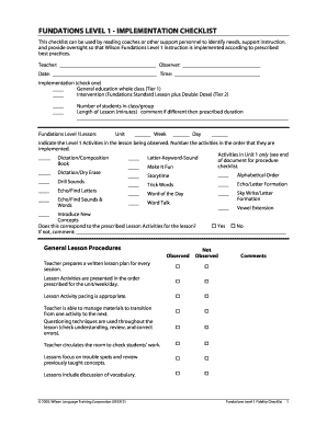 Fundations Level K Implementation Checklist  Form