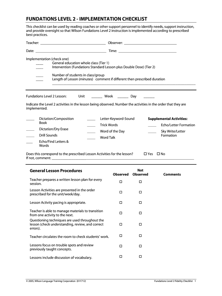 Fundations Implementation Checklist  Form