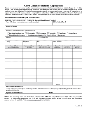 Indiana Corn Checkoff Refund Application  Form