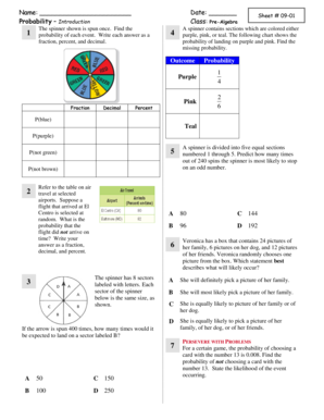 Name Probability Introduction 1 Date Class PreAlgebra the Spinner Shown is Spun Once Sewanhaka K12 Ny  Form