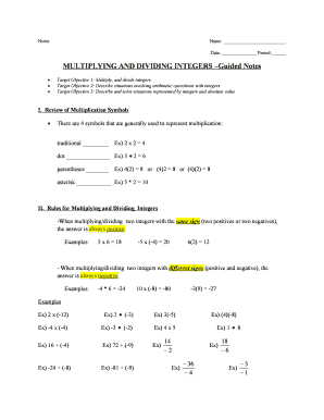 Multiplying and Dividing Integers Guided Notes  Form