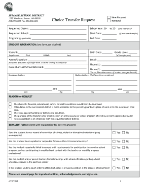 SUMNER SCHOOL DISTRICT Choice Transfer Request Sumner Wednet  Form