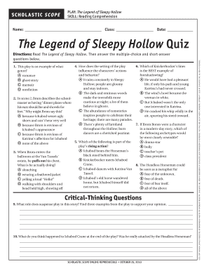 Name Class Date the Legend of Sleepy Hollow Quiz Teacher Ocps  Form