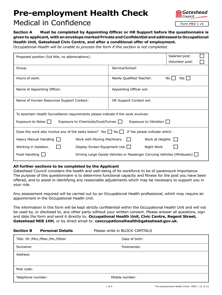 Pre Employment Health Check  Form