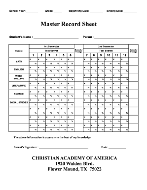 School Record Sheet  Form